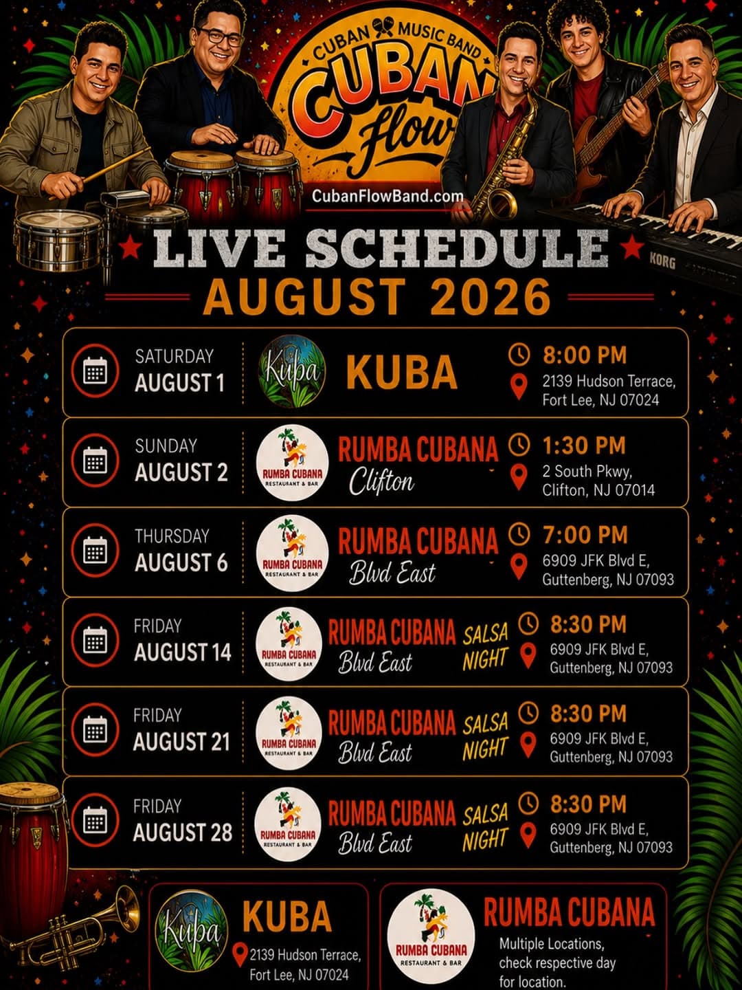 Cuban Flow Band Live Schedule August 2026