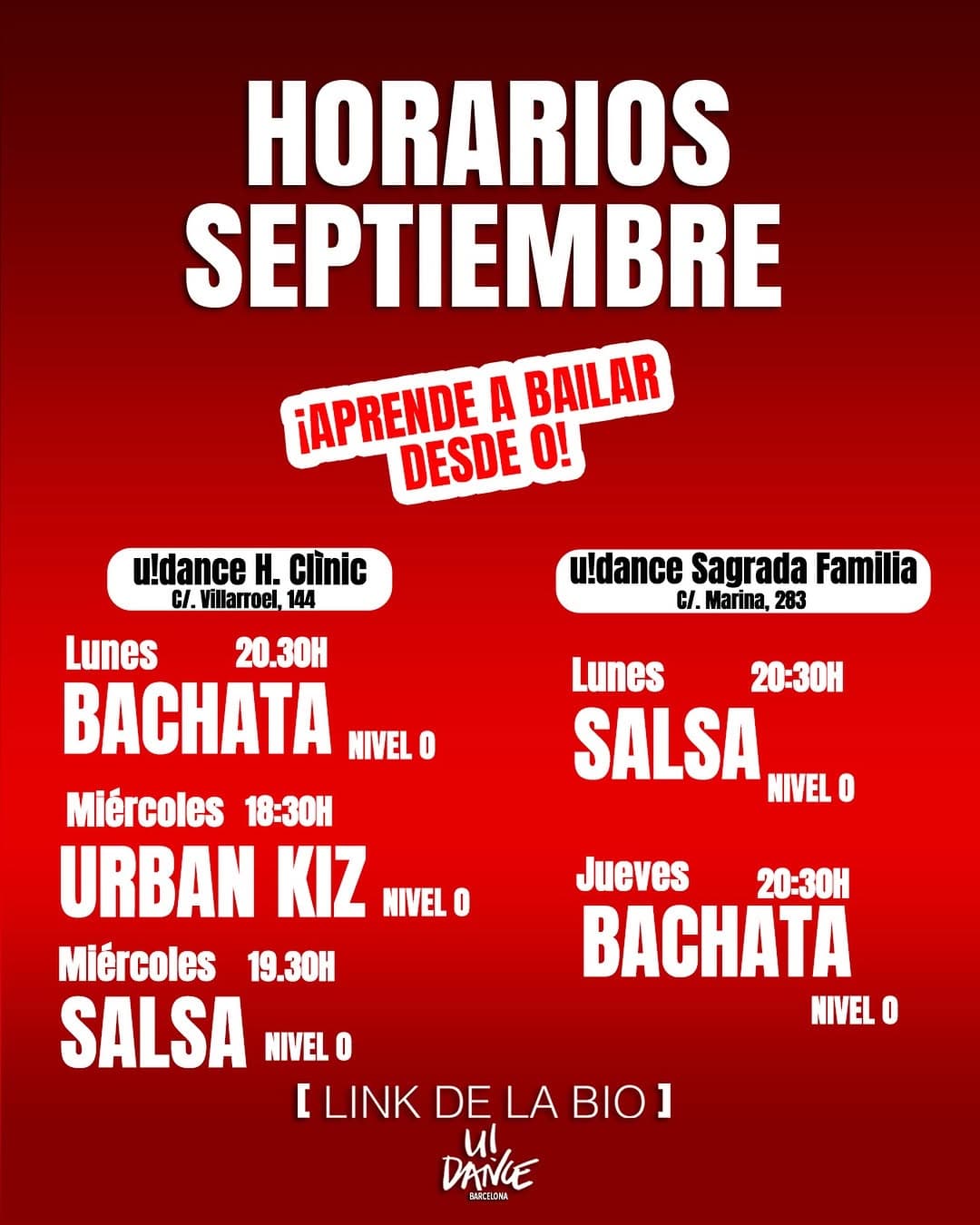 Horarios septiembre u!dance Barcelona