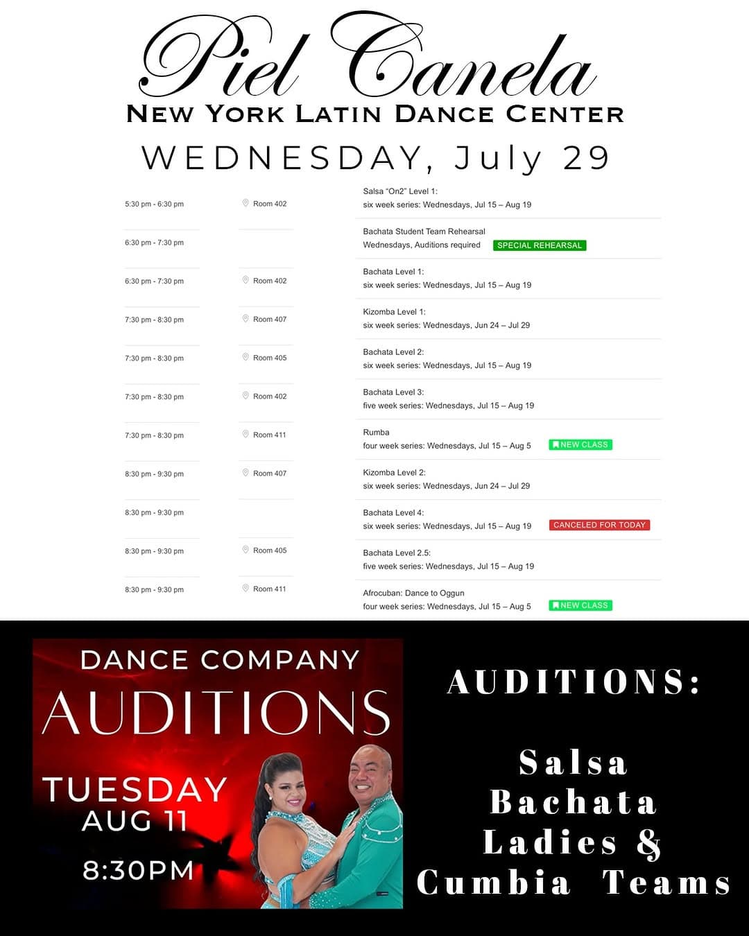 Piel Canela New York Latin Dance Center Wednesday Classes and Auditions